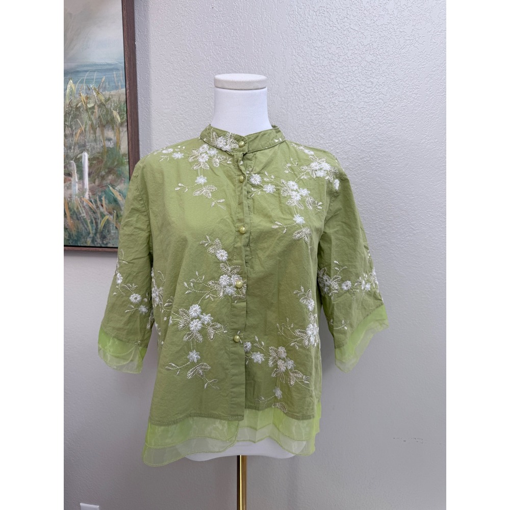 Sage Green Embroidered Mandarin Collar Blouse Size 18 Cottagecore